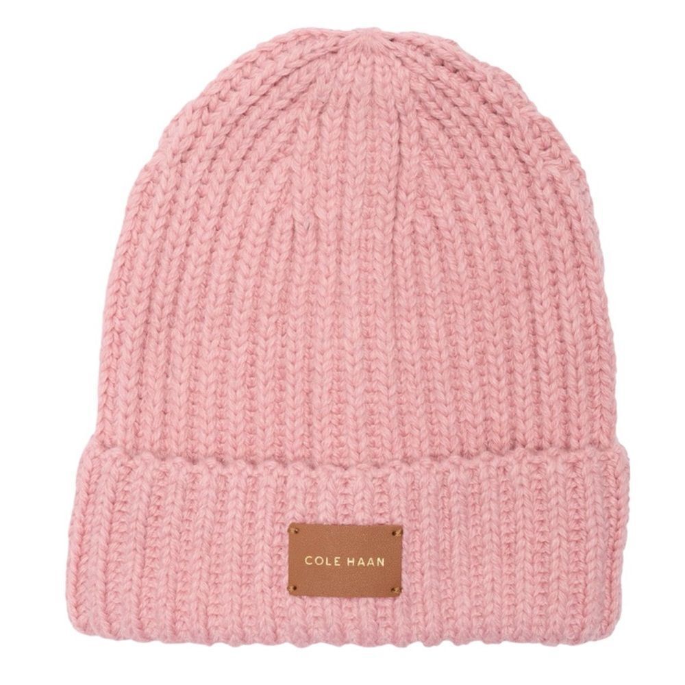 Cole Haan Logo Zephyr Pink Chunky Knit Cuffed Beanie Winter Hat OS